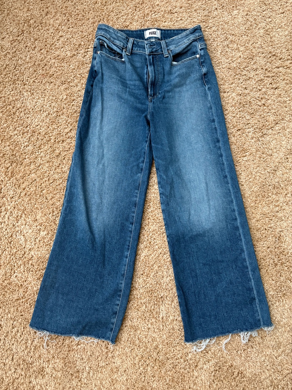 PAIGE Dark Blue Wide-Leg Jeans with Raw Hem
